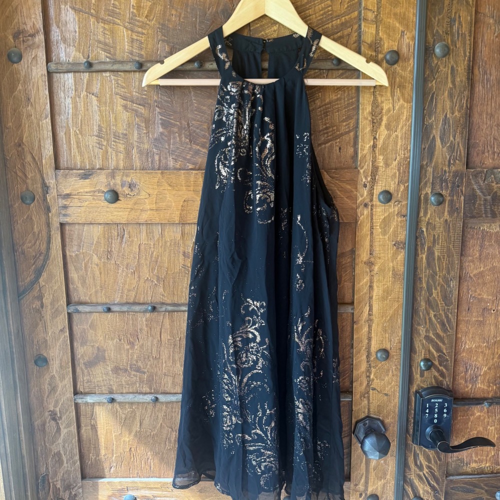 One Clothing Halter Dress Women L Black Gold Floral Foil Party Glam Formal